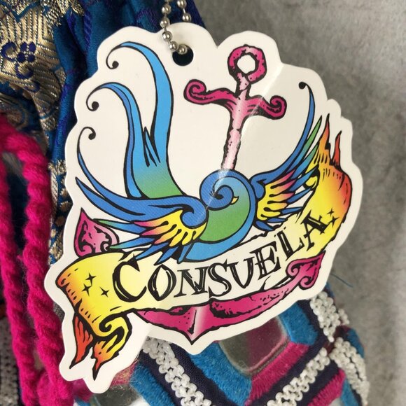 Consuela Bag Womens Blue Pink Drawstring Pouch Beaded Strap Tassel Boho Mirror - Picture 3 of 16